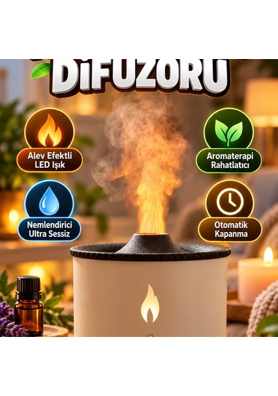 Ultrasonik Aromaterapi Difüzörü Alev Efektli Led, Sessiz Nemlendirici Ve Otomatik Kapanma