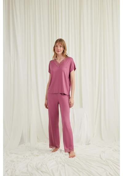 Monamise Kadın Kısa Kollu V Yakalı Dantelli Pijama Takımı 18579 - Gül Kurusu Gülkurusu
