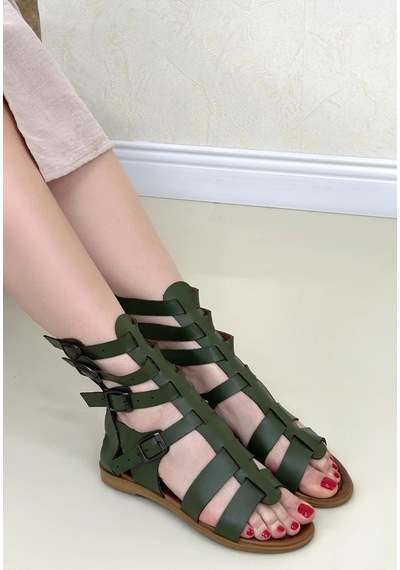 Vinevesta Herşeytrend Nola Yeşil Hakiki Deri Kemerli Sandalet Yeşil