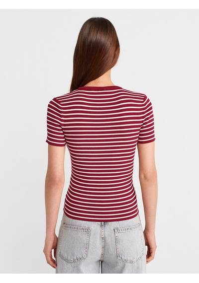 Dilvin 10758 Bisiklet Yaka Çizgili Basic Triko Bluz-bordo-ekru Bordo-ekru