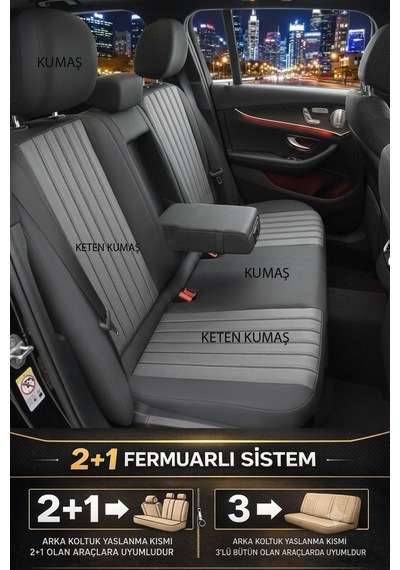 Perfetto Serisi Lüks Keten Üniversal Oto Koltuk Kılıfı - 5 Koltuk Tam Set Füme