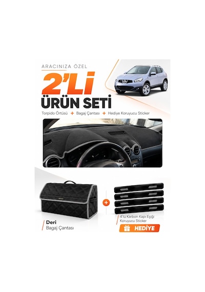 E-biz Nissan Qashqaı J10 2007-2014 Uyumlu Torpido Örtüsü + Deri Bagaj Çantası - Siyah-gri - Nı016
