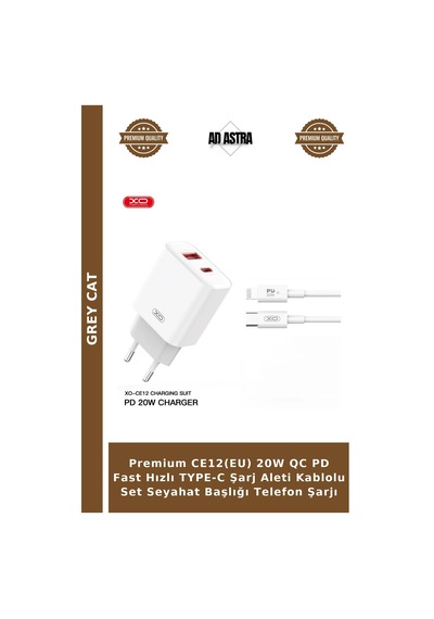 Premium Ce12 Eu 20w Qc Pd Fast Hızlı Type-c Şarj Aleti Kablolu Set Seyahat Başlığı Telefon Şarjı