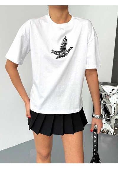 Kısa Kol Baskılı T-shirt - Beyaz -
