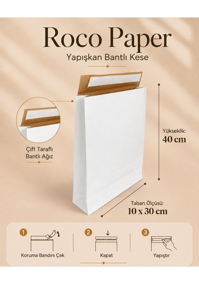 Yapışkan Bantlı Kraft Kese Kağıdı, Beyaz Renk, 30x40x10 Cm - 24'lü Paket, Hediye Ve Kargo Zarfı