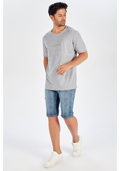 Peraluna Ön Orta Fermuarlı Düz Kesim Açık Gri Erkek T-Shirt-Gri