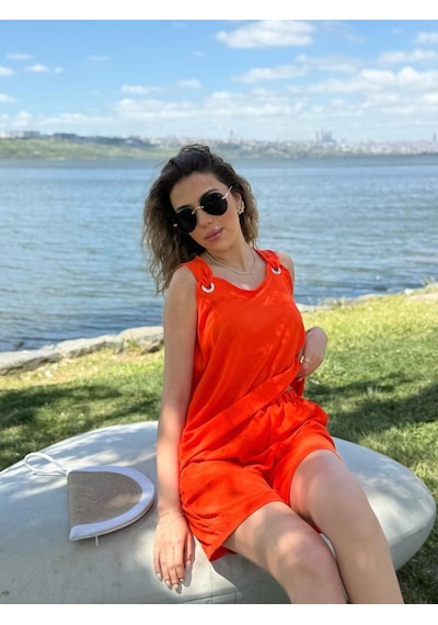 Buğrahayalin Kadın Kolsuz V Yaka Kuş Gözü Detay Bluz Short Aerobin Ikili Takım Turuncu Buğrahayalin Kadın Kolsuz V Yaka Kuş Gözü Detay Bluz Short Aerobin Ikili Takım Turuncu