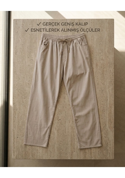 Büyük Beden Beli Lastikli İpli Cep Detaylı Boru Paça Keten Erkek Pantolon Krem