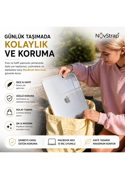Novstrap Apple Macbook Neo 13 İnç A18 Çip A3404 İle Uyumlu Kılıf Sert Parlak Koruma Kapağı Şeffaf