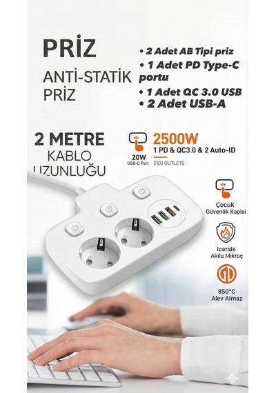 Akım Korumalı 2500w Güçlü 3 Usb + Type-c Portlu Çoklu Priz Hızlı Şarj, Çocuk Kilidi, 2 Metre