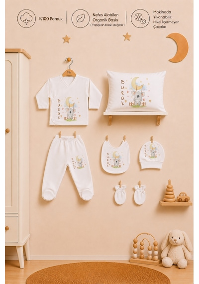 Pia Baby İsimli Erkek Bebek Zıbın Şapka Önlük Eldiven Ve Yastık Kılıfı %100 Pamuk Organik Baskılı 2040yz0x Ekru