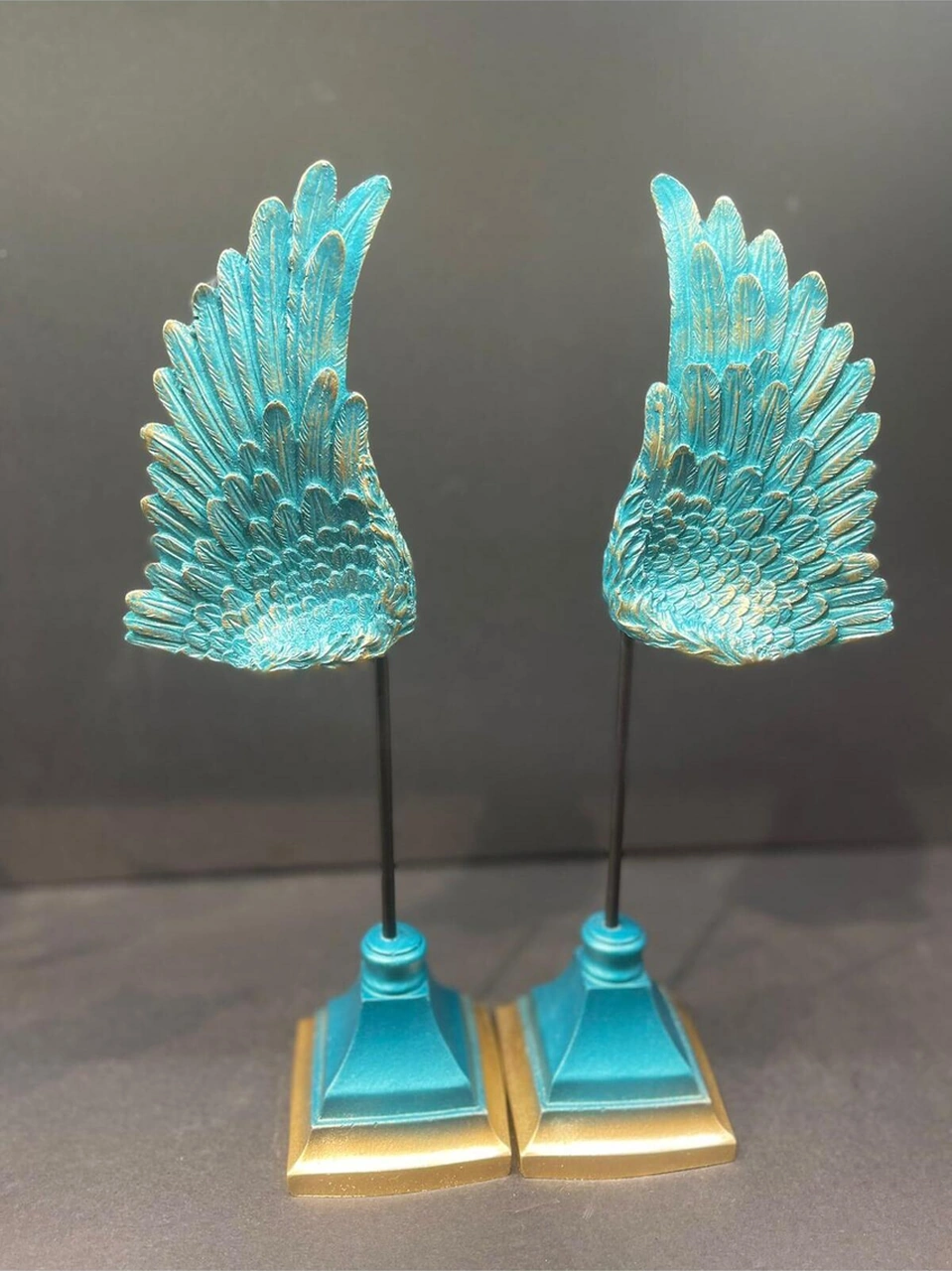 Dekoratif Polyester Ikili Melek Kanatları Biblo Turkuaz Gold Eskitme .