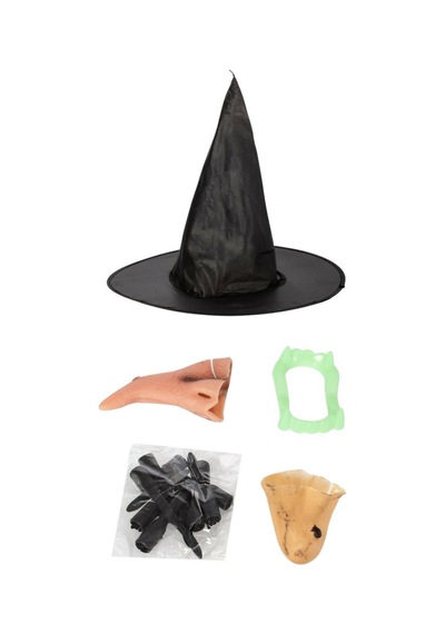 Cadılar Bayramı Halloween Cadı Kostüm Seti Şapka Burun Çene Tırnaklar Ve Diş 14 Parça
