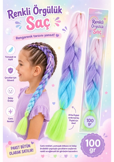 Premium Toz Pembe-mor-mavi-yeşil Ombreli Örgülük Saç 100gr