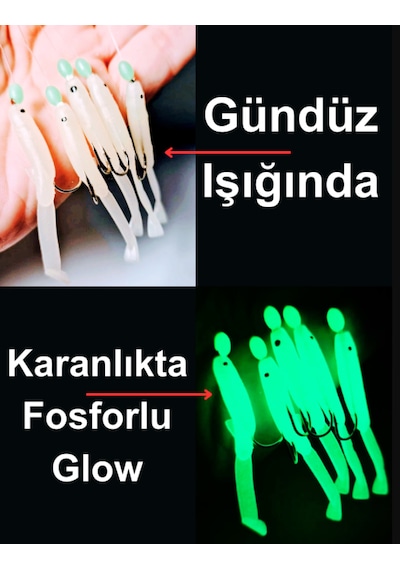 Ea genset Silikon Balıklı Çapari 5 Cm 2 Adet Silikon At Çek Takımı Şeffaf Yeşil Fosforlu Glow Beden Ve Fosforlu Glow Boncuklu