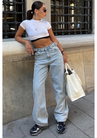 Açık Mavi Kargo Kemer Detaylı Baggy Kadın Jean Mg2874