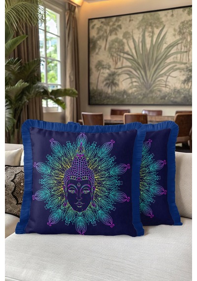 Mandala Buddha Portre Saçaklı Yastık Kılıfı - Spiritüel Bohem Mavi Sarı Püsküllü Kırlent Kılıfı Deniz Vizon