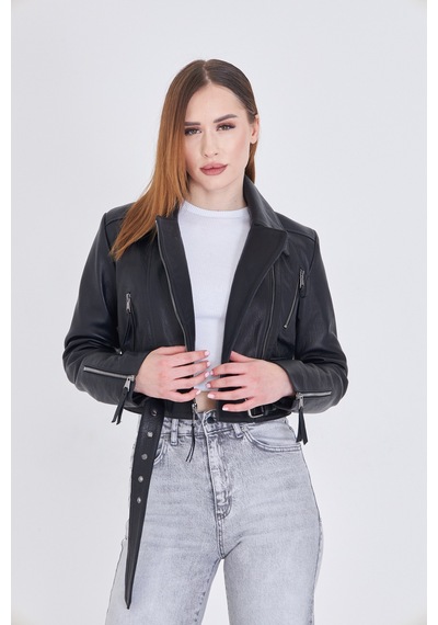 M M Marki Marki Kadın Siyah Hakiki Deri Crop Ceket Biker Stil, Kruvaze Yaka, Kemerli, 52 Cm - 117622