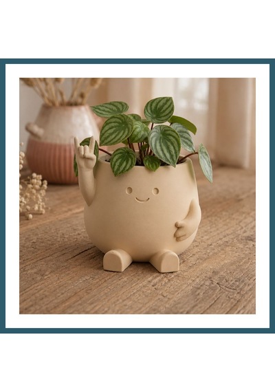 Bezos 3d Baskı Smiley Face Planter - Gülümseyen Karakterli Saksı-bej Ob Standart