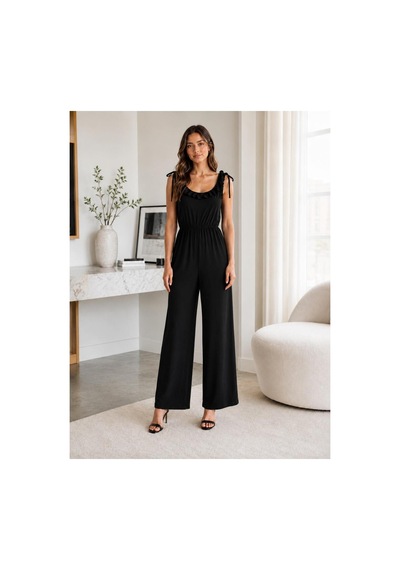 Unika Boutique Kadın Bürümcük Askılı Fırfırlı Bol Paça Tulum Siyah