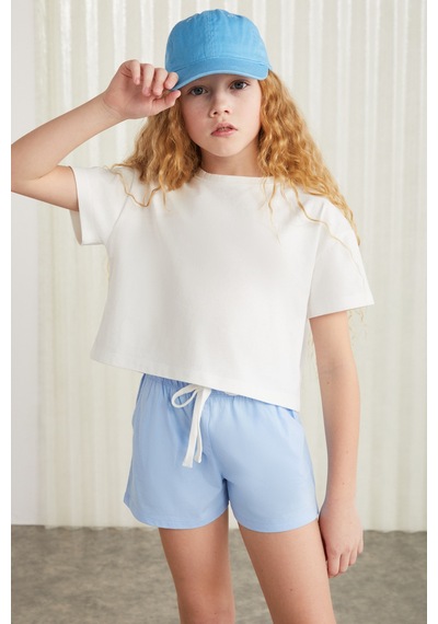 Grimelange Suzanne-grm24048 100% Pamuk Kız Çocuk Şort Tshirt Set Mavi Alt-üst Takım