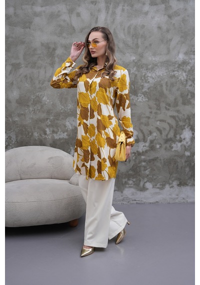 Polologin Butik Hardal Kahverengi Yaprak Desenli Tunik Hardal Kahverengi