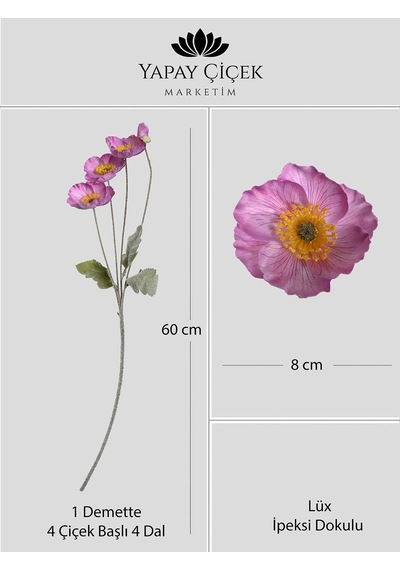 Mor Yapay Gelincik Çiçeği 4 Dallı Lüx İpeksi Dokulu 60 Cm