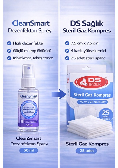 Ds Sağlık Sterilgaz Kompres 7,5 7,5 Cm 25 Adet + Cleansmart 50 Ml Dezenfektan Sprey Yara Bakım Seti