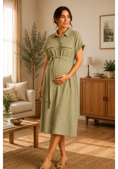Luvmabelly Myra5863 Doğal Müslin Yazlık Gömlek Hamile Elbise - Açık Yeşil