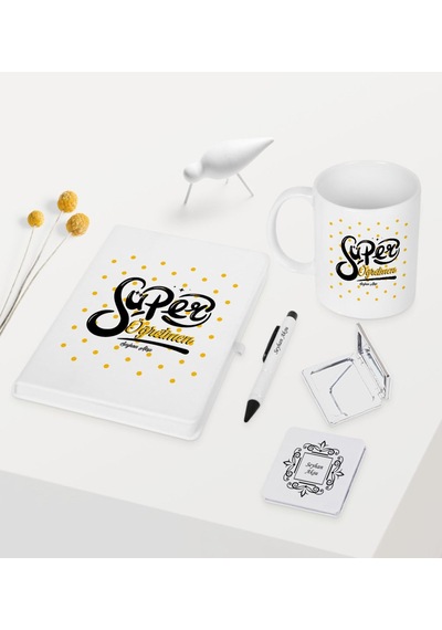 Kişiye Özel Süper Öğretmen Temalı Beyaz Defter Kalem Kupa Ayna Se Beyaz