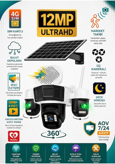 4g Solar Panelli 3 Kameralı Güvenlik Kamerası