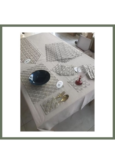Bezos Sofra Takımı Orion Gardenya Keten Yemek Takımı 160x260 Masa Seti 26 Parça Runner Set Platin Bezos1