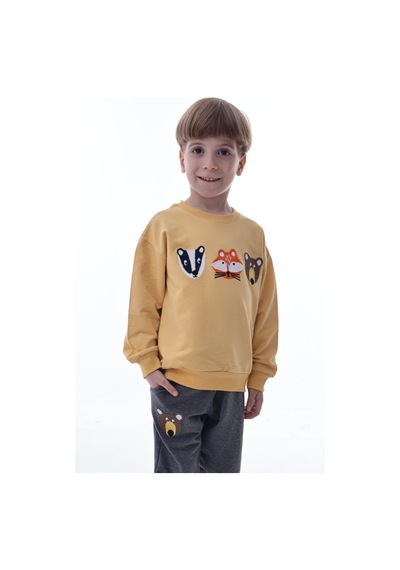 Erkek Çocuk Hayvan Figürlü Sarı Sweatshirt Ve Gri Eşofman Takımı Yumuşak Kumaş, Rahat Kalıp Takım Sarı