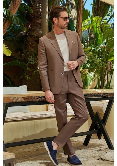 İmza Kahverengi Mono Yaka Keten 6 Drop Slim Fit Yarım Astar %100 Keten Takım Elbise 1001260164 Sütlü Kahverengi