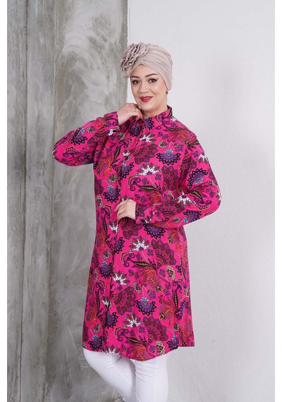 Polologin Butik Fuşya Rengi Çiçek Desenli Gömlek Tunik Fuşya