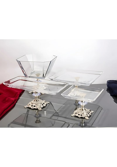 Elta Collection Argkristal Gümüş Detaylı Metal Ayaklı 4 Parça Sunum Seti