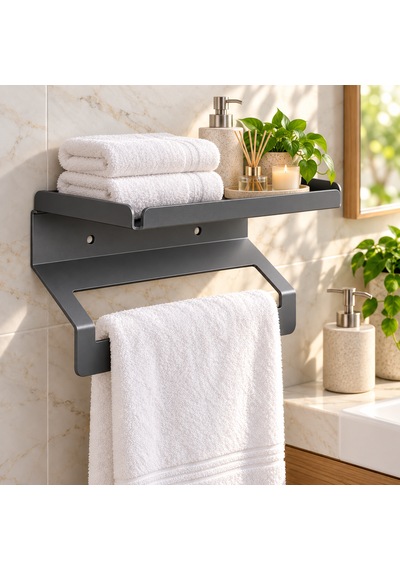 Metal Raflı Havluluk 40 Cm Duvar Tipi Havlu Askısı Antrasit - Gri