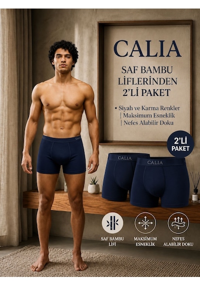 Qulat Calıa Erkek Bambu Boxer 2 Li Paket Gri Renk Nefes Alan Esnek Yumuşak Dokulu Boxer Lacivert