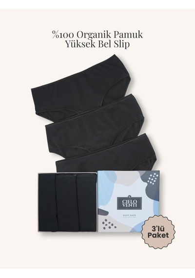 Must Have 3'lü Organik Pamuk Yüksek Bel Slip Külot Siyah