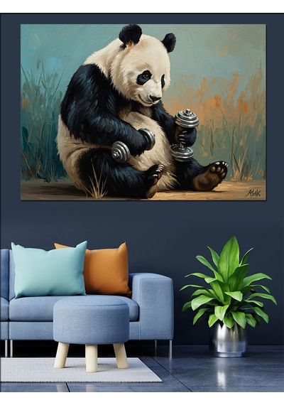 Çimler Üzerinde Dinlenen Panda Figürü Dekoratif Kanvas - Mdf Ahşap Tablo