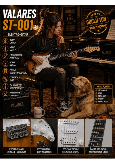 Valares St-q01 Leektro Gitar Üst Seviye Sahne Performansı Full Aksesuar Hediyeli Sunburst