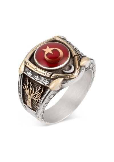 Zırh Model Hayat Ağacı Ay Yıldızlı Kırmızı Mineli Gümüş Erkek Yüzüğü