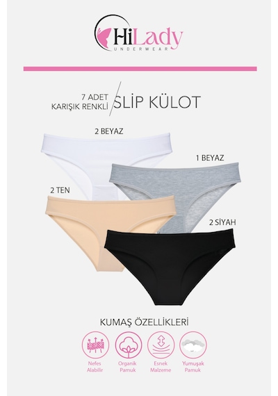 Kadın Külot 7 Li Paket Likralı Soft, Ve, Siyah, Renkler Pamuklu, Yumuşak,külot Beyaz - Siyah - Ten