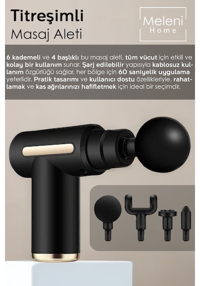 4 Başlıklı Şarjlı Masaj Aleti - Sporcu Bel Sırt Bacak Boyun Masajı 6 Kademeli Masaj Tabancası Siyah