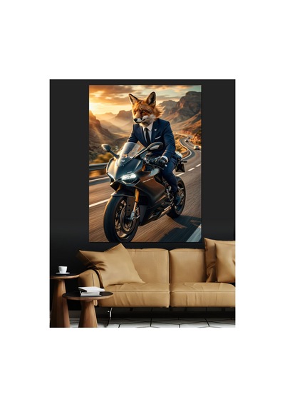 Motosiklet Süren Karizmatik Tilki Portresi Yağlı Boya Dokulu Kanvas Tablo Canvas Tablosu
