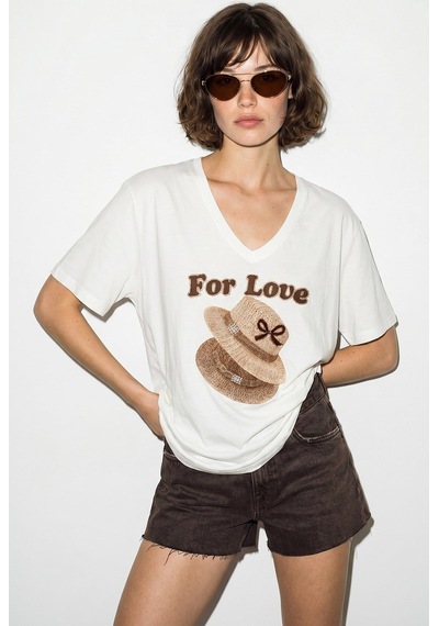 Kadın V Yaka For Love Nakış Ve Boncuk İşlemeli Oversize T-shirt 2240 60286329 - Beyaz