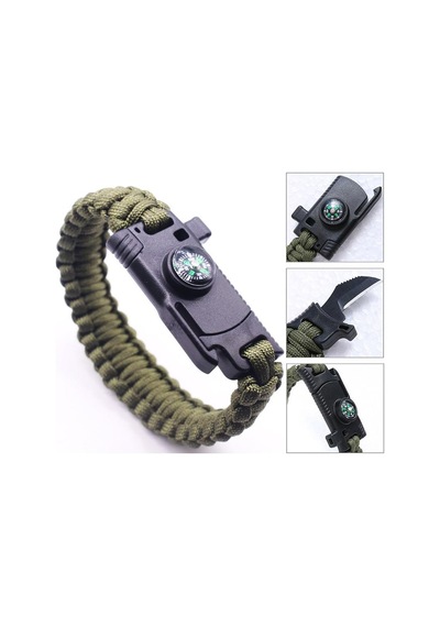 9595  Pusulalı ve Bıçaklı Paracord Bileklik Haki Çok Renkli