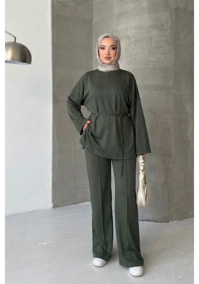 Thiff Tesettür Önü Bağlamalı Oversize Çimalı Modal Takım Yeşil