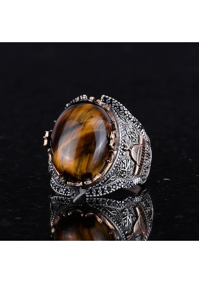 Doğal Cabochon Kaplan Gözü Taşlı Yüzük, 925k Sert Gümüş Erkek Yüzüğü, Cesur Tasarım Gümüş