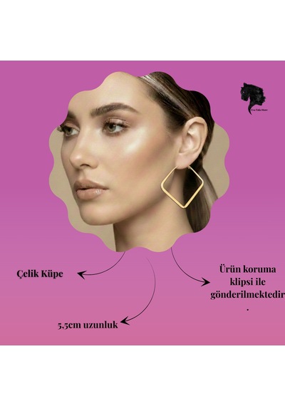 Kare Model Halka Gold Renk Çelik Küpe 5,5cm Altın